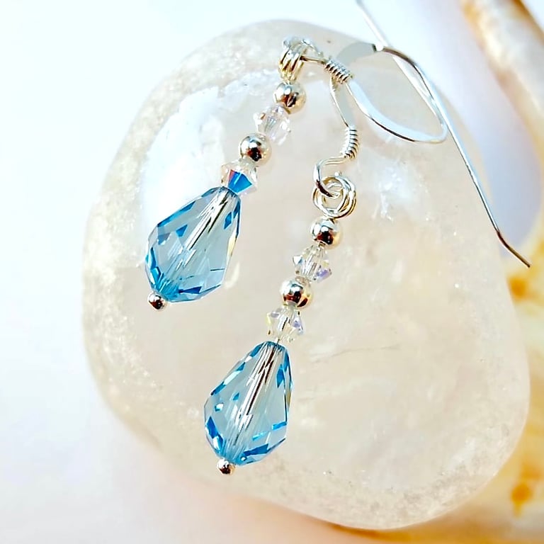 Aquamarine Swarovski Crystal Teardrop And Sterling Silver Earrings.