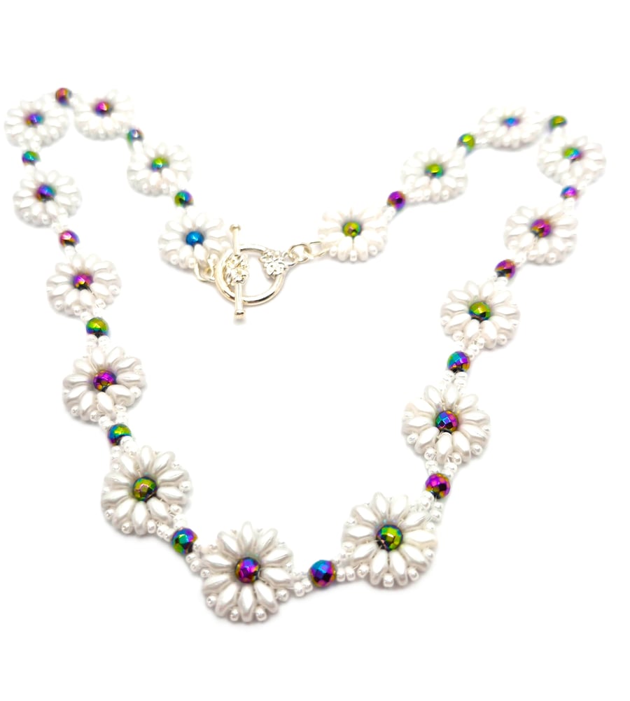 Daisy collection necklace with rainbow Haematite beads