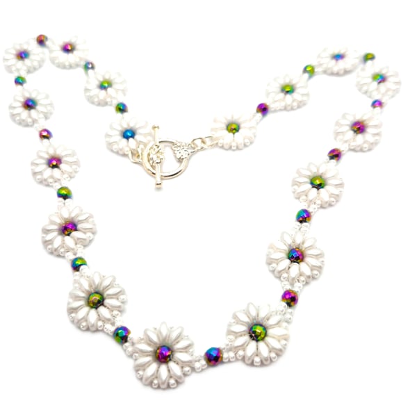 Daisy collection necklace with rainbow Haematite beads