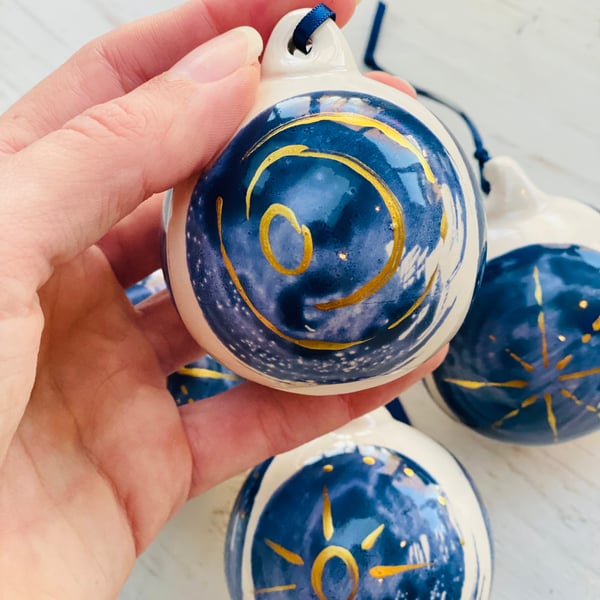 Swirl of Blue and Gold ceramic bauble