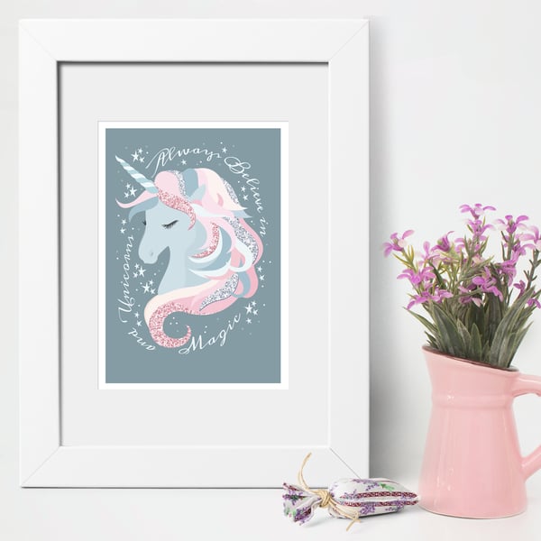 Believe in Unicorns art print, baby girl gift, girl's bedroom print