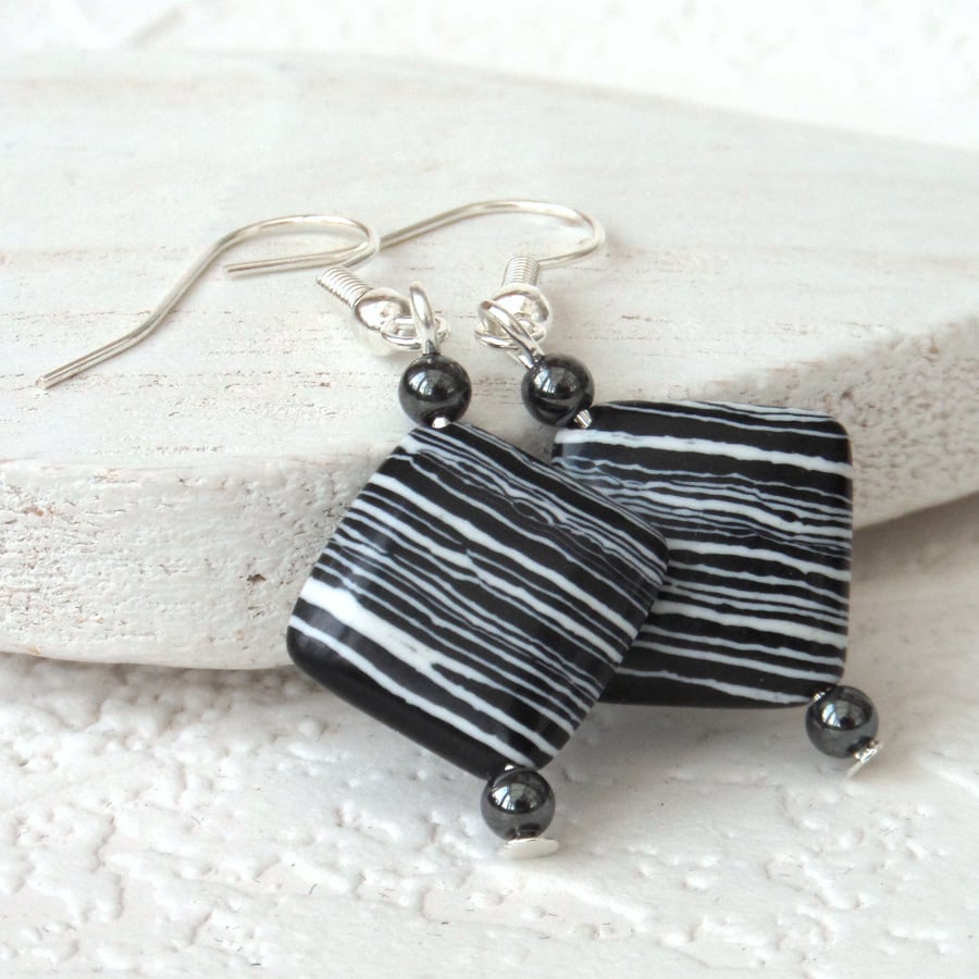 Black and white square earrings, stabilised turquoise earrings