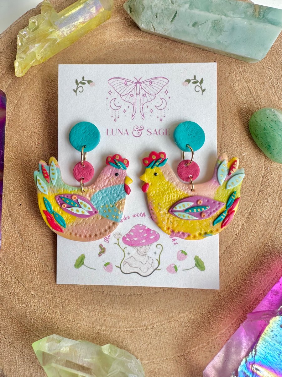 Funky Rainbow Chicken Polymer Clay earrings