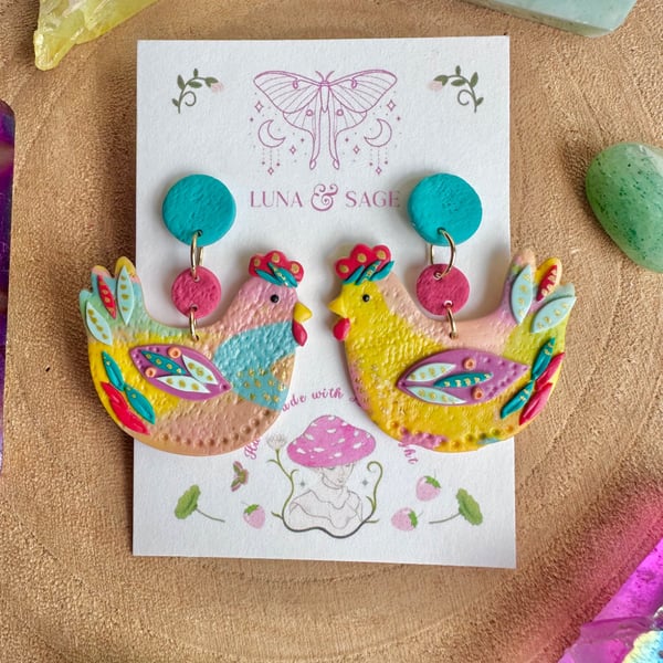 Funky Rainbow Chicken Polymer Clay earrings