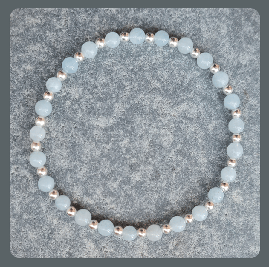 Beautiful Delicate Aquamarine and Sterling Silver Beaded Stacker Bracelet