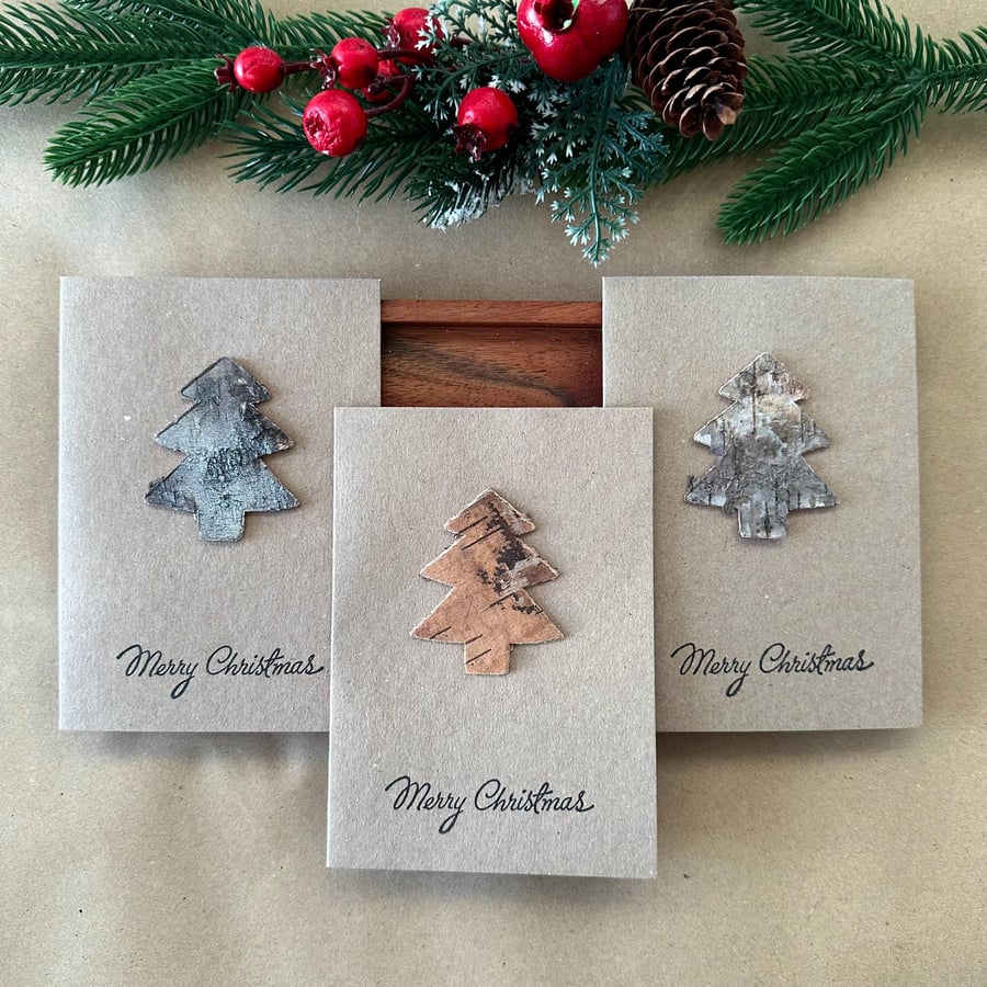 Natural wood Christmas tree card bark winter forest greeting woodland hunter art