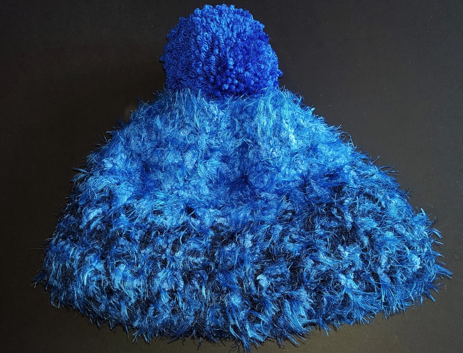 Blue and Navy Chunky Crochet Bobble Hat