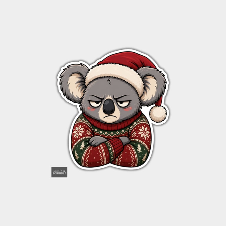 Funny Christmas Sticker Vinyl Xmas Decal For Adults - Grumpy Koala In Santa Hat