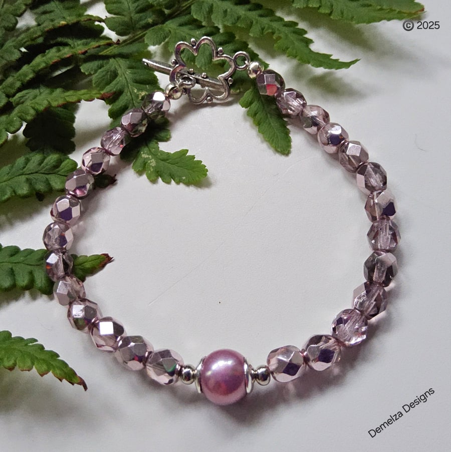 Faceted Rose Pink Metallic Crystal & Freshwater Pearl Tibetan Silver Bracelet 