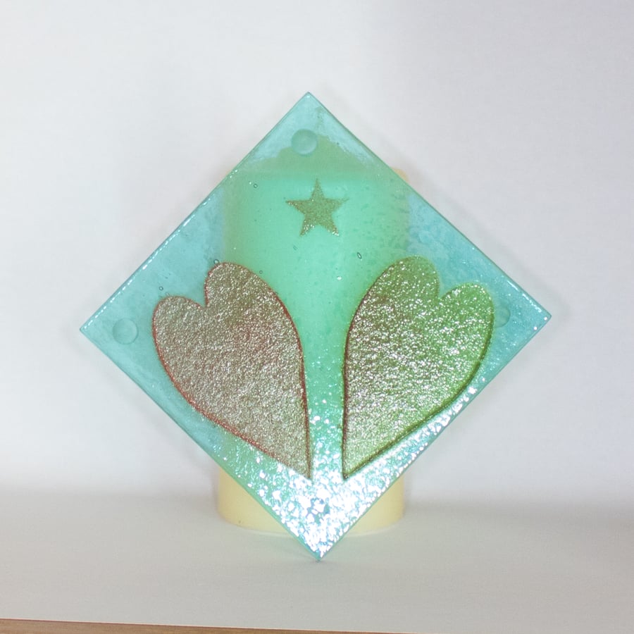 Green Hearts on translucent coaster - 9158