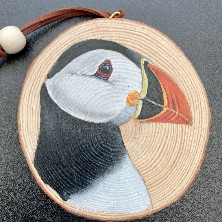 Puffin hand-painted wood slice hanging decoration