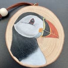 Puffin hand-painted wood slice hanging decoration