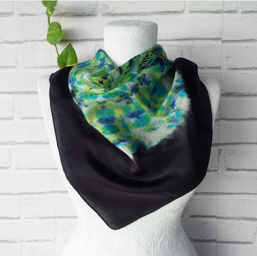 Vintage Tie-Dye Silk Scarf - Green, Marine, Blue Square Shawls - Gift for Her 