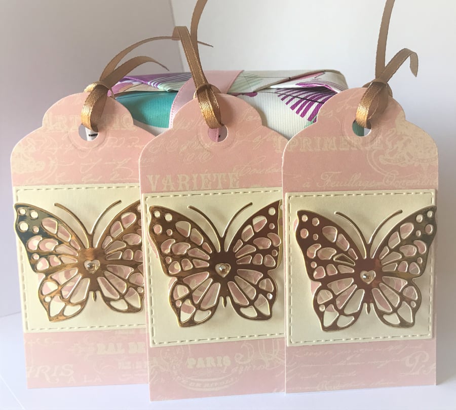 LUXURY SPARKLY Butterfly elegant Paris Pink cream gold gift tag set of 3  
