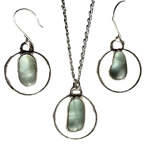 Aqua Seaglass Necklace Earrings Sterling Silver Jewellery Gift Set Safety Glass