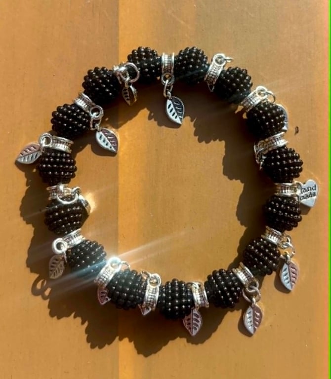 Handmade Black Bobbly Bead Bracelet with Silver-Tone Leaf Charms