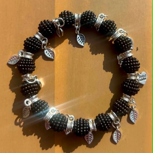 Handmade Black Bobbly Bead Bracelet with Silver-Tone Leaf Charms