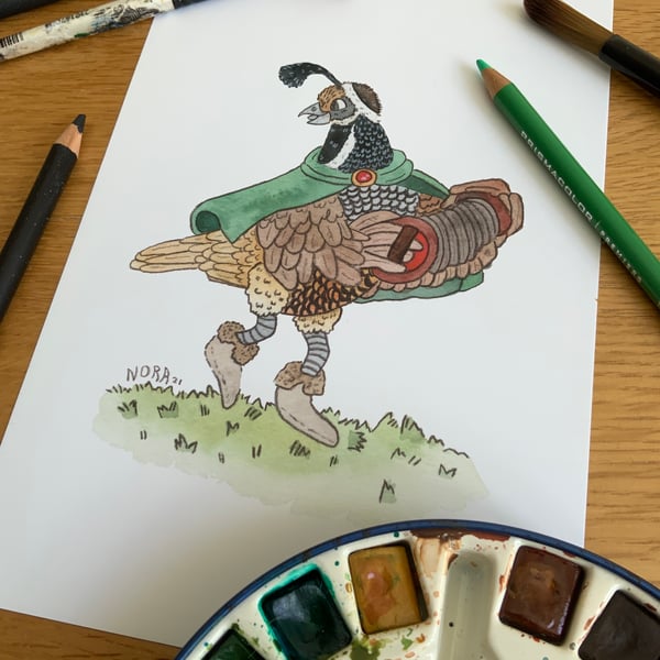Watercolor Bird Bard A5 Art Print