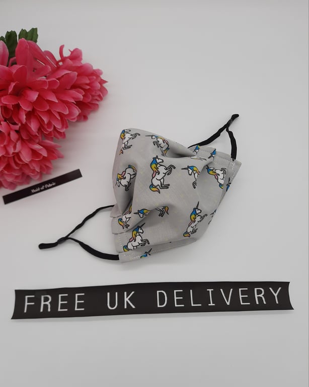 Face mask,  small,  3 layer, washable in grey unicorn 