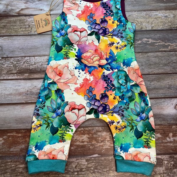 Floral Baby dungarees, Pink Blue Aqua Baby Dungarees Romper 0-3 months, Baby Gif