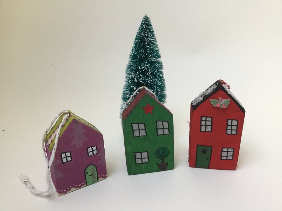 Christmas tree wooden cottage decorations - set of three