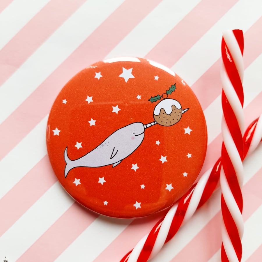 handmade 58mm narwhal christmas badge, stocking filler