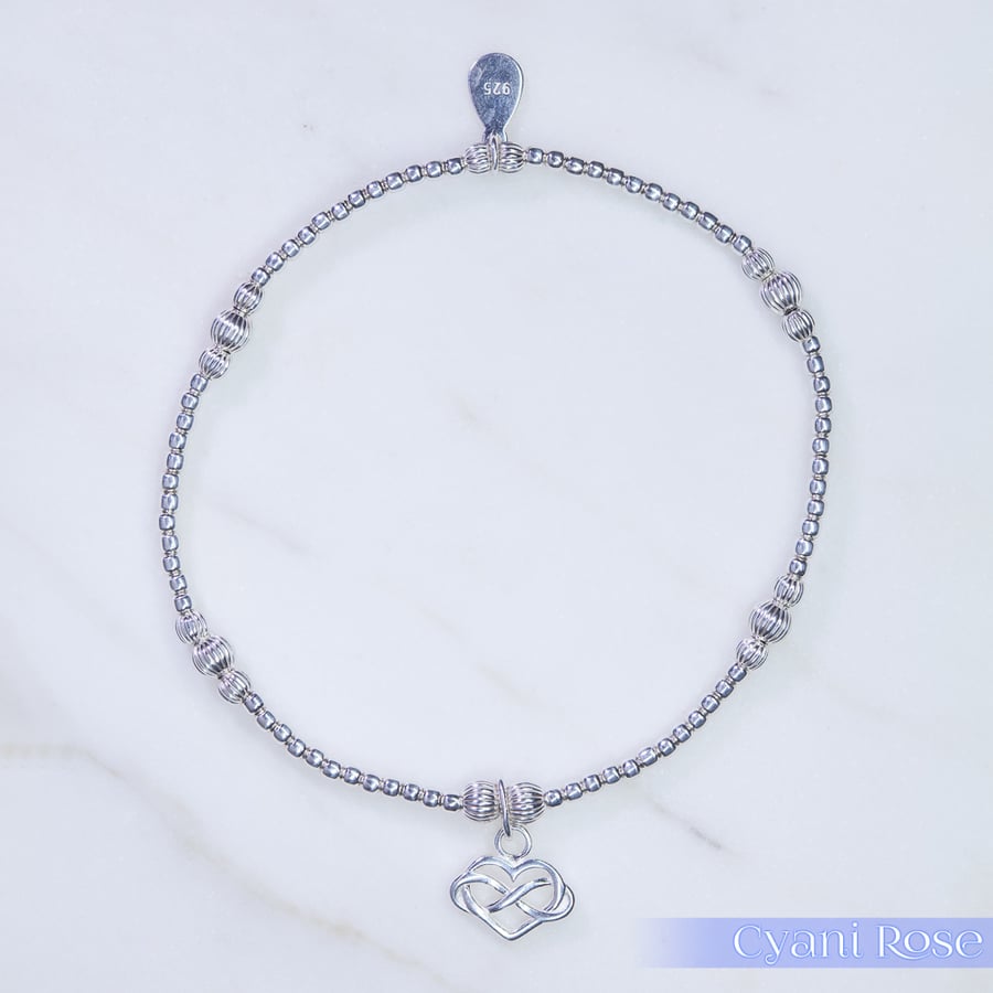 Sterling Silver Infinity Heart Charm Bracelet Stretchy Handmade Romantic
