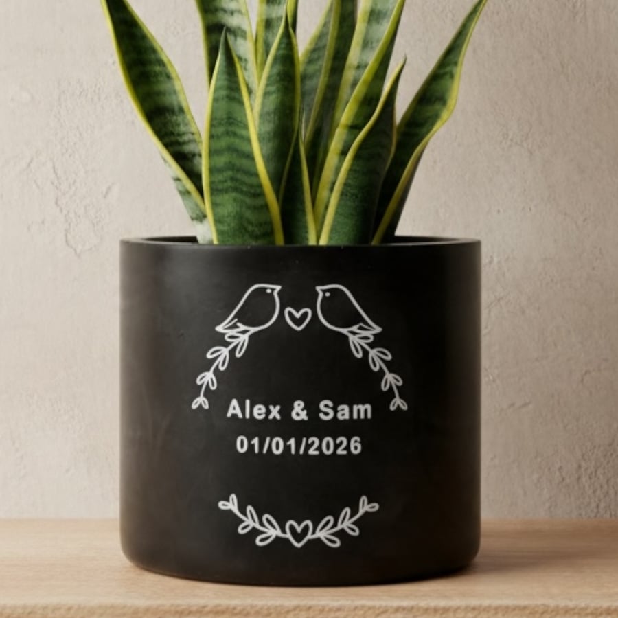 Personalised Black Plant Pot with White Text 