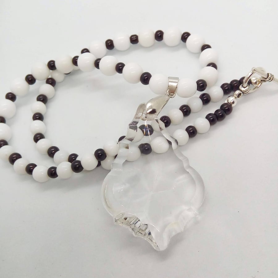Clear Crystal Baroque Style Pendant Necklace on a Black & White Beaded Necklace