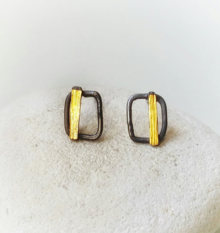 Nature inspired  Handmade Textured Silver Stud Earrings With Gold  