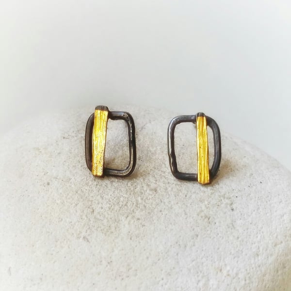 Nature inspired  Handmade Textured Silver Stud Earrings With Gold  