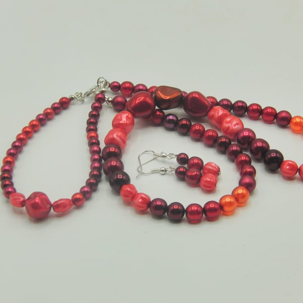 Mixed Red Pearl Bead Jewellery Set, Red Pearl Necklace Bracelet & Earrings