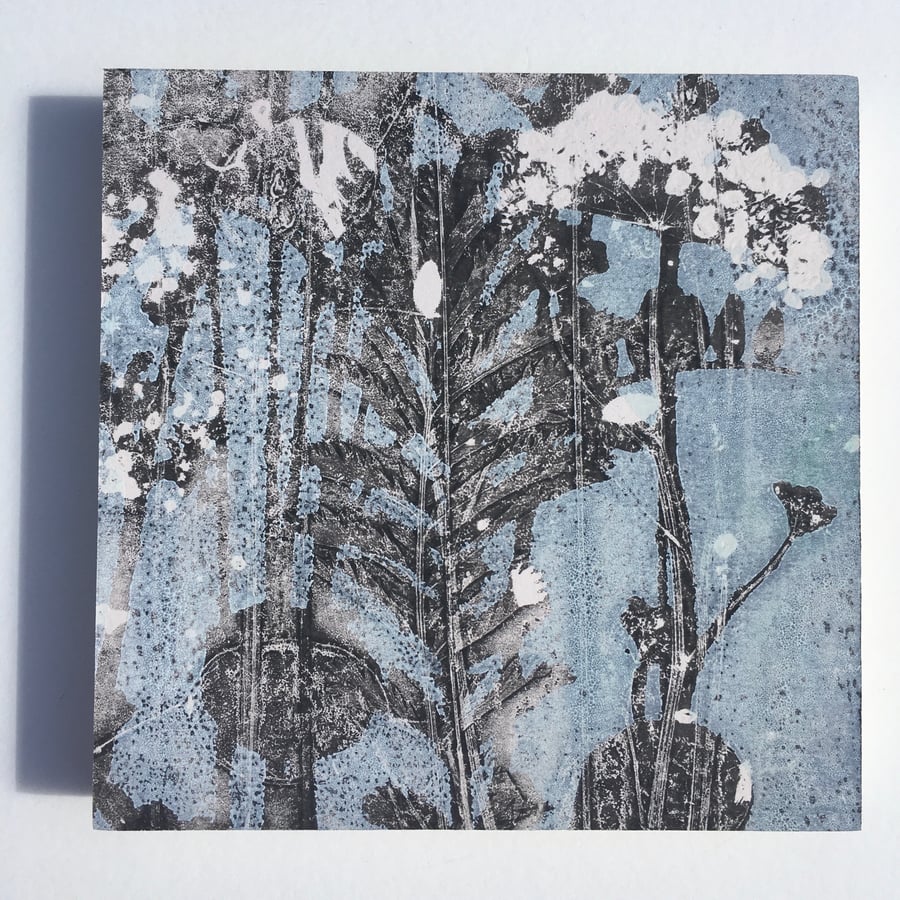 Small blue floral original monoprint by Stef Mitchell on wooden panel Nature art
