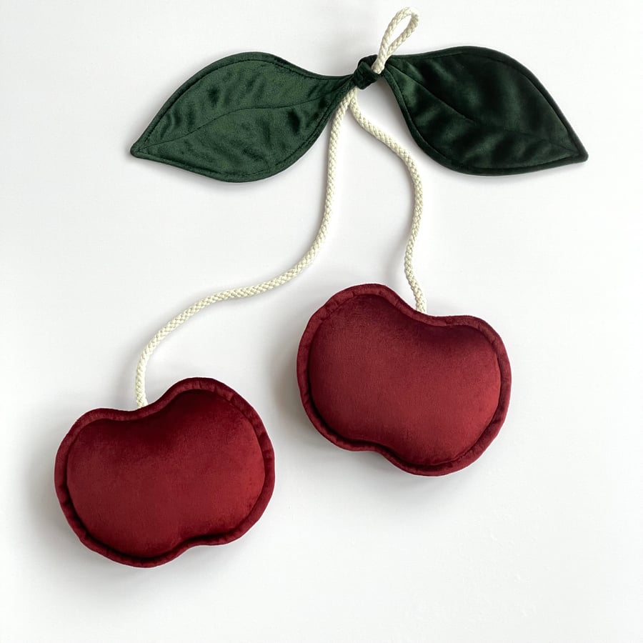 Burgundy Velvet Cherry Forest Green Leaves Wall Hanging Nursery Decor Fruit 