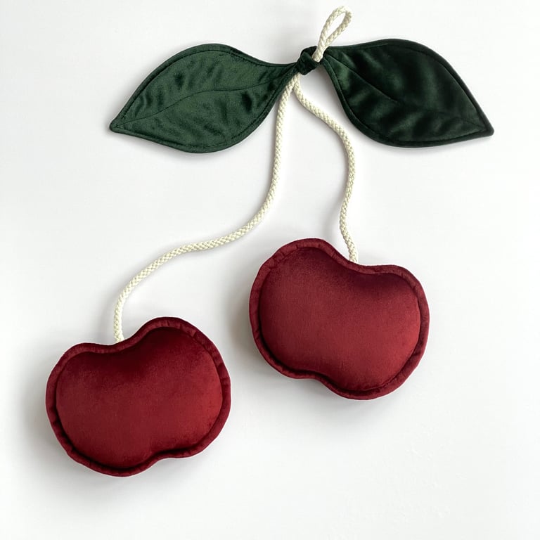 Burgundy Velvet Cherry Forest Green Leaves Wall Hanging Nursery Decor Fruit 