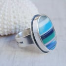Size L Blue Surfite Sterling Silver Oval Ring Hammered Wide Band
