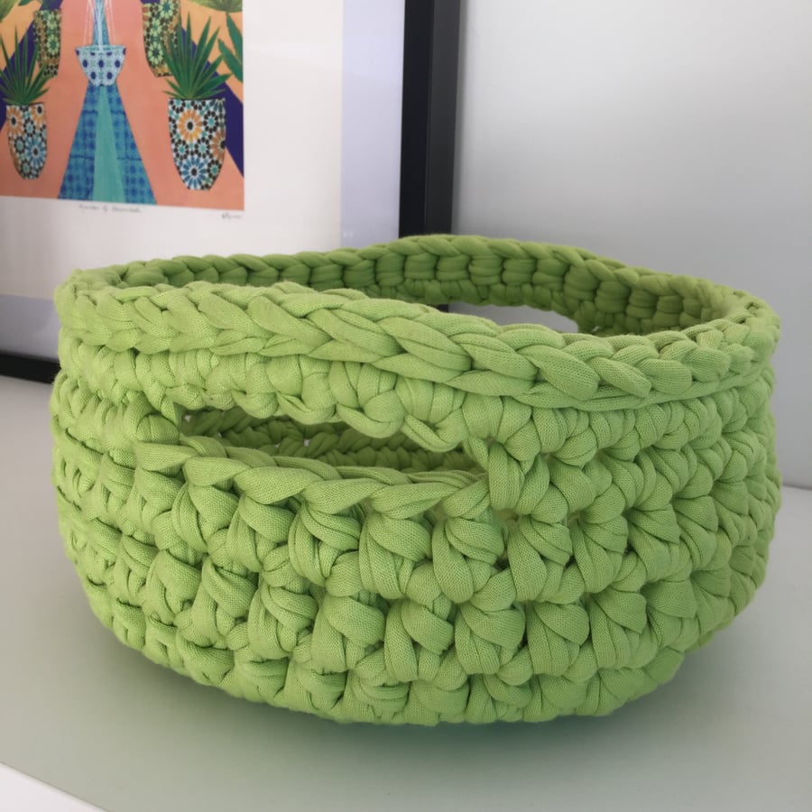Crochet basket made with upcycled tshirt yarn - light green