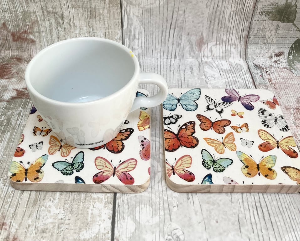 Set of 2 Colourful Butterfly Coasters Watercolour Butterflies Hand Made Gifts 