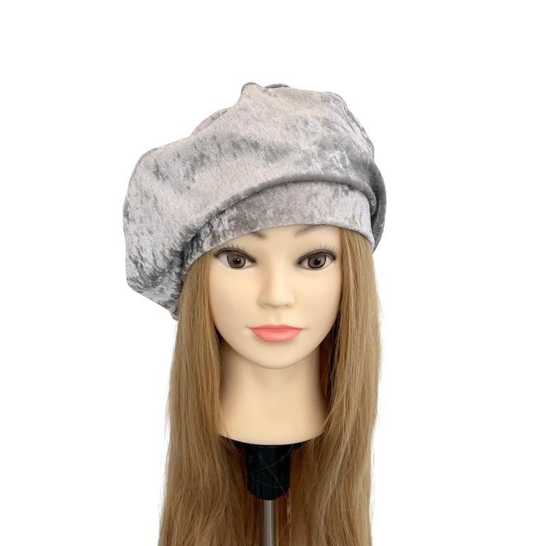 Light Grey Crushed Velvet Beret Hat Stylish Slouchy Hat for Women Retro Vintage 