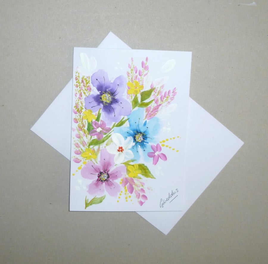 original art hand painted floral blank greetings card ( ref FA 514 B1 )