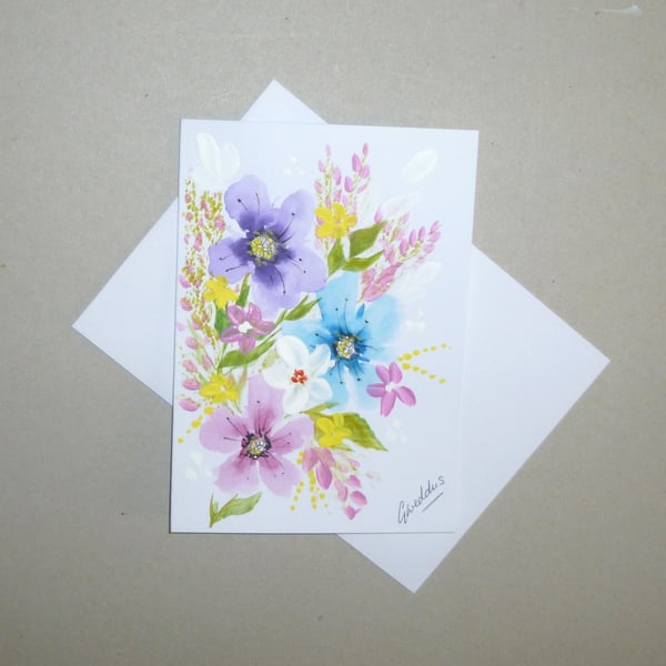 original art hand painted floral blank greetings card ( ref FA 514 B1 )