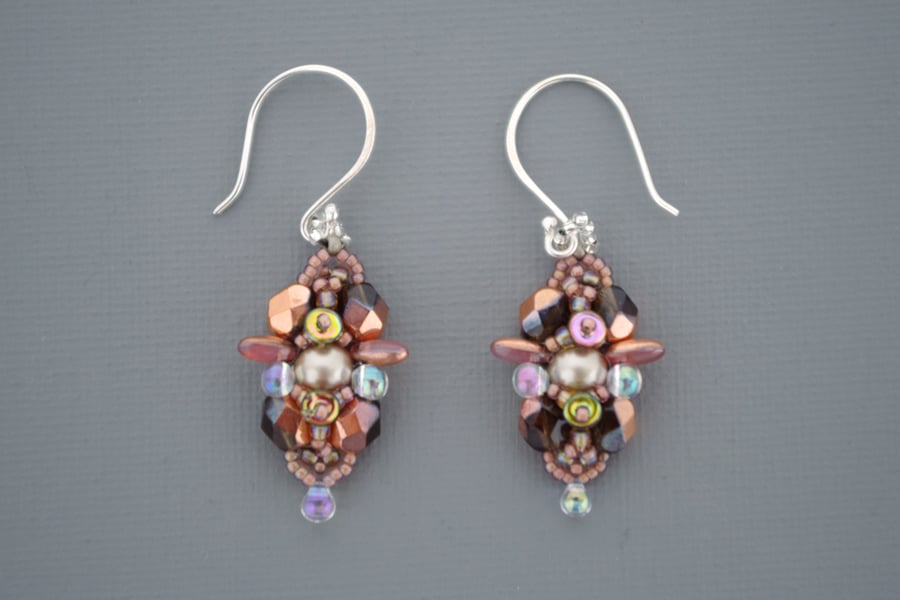 Coral Reef Bead-work Earrings With Sterling Silver Wires and Swarovski Pearls