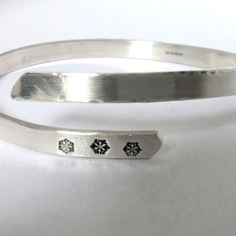 Sterling Silver Bangle, hand-stamped with snowflakes