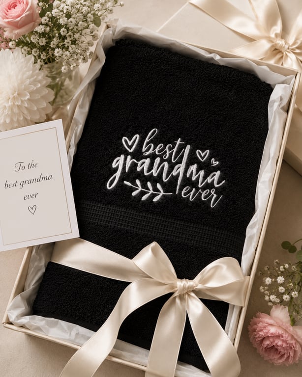 Best Grandma Ever Embroidered Hand Towel – Black & White