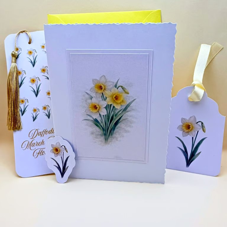 Daffodil March Birth Flower Mini Gift Set - Botanical Card, Bookmark & Gift Tag