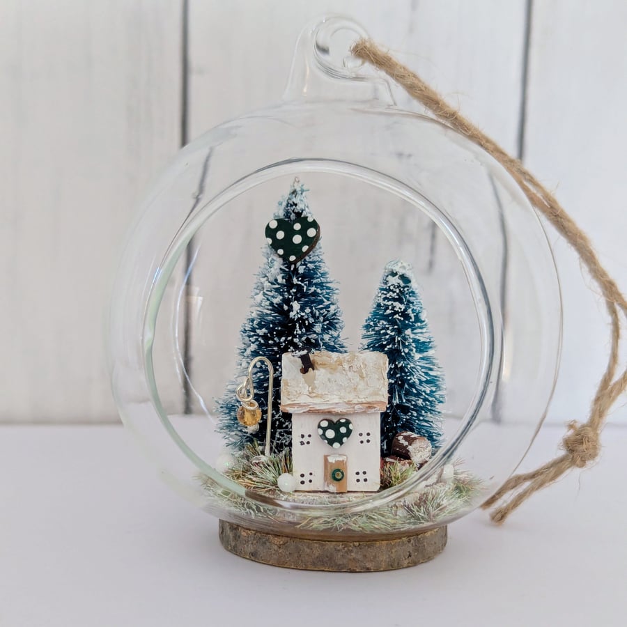 Glass Bauble Christmas Decoration with Cottage Scene