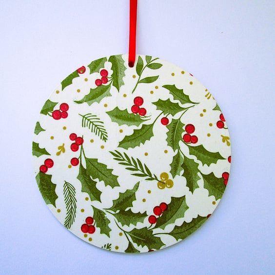 Christmas holly and berries wood decoupage hanging decoration