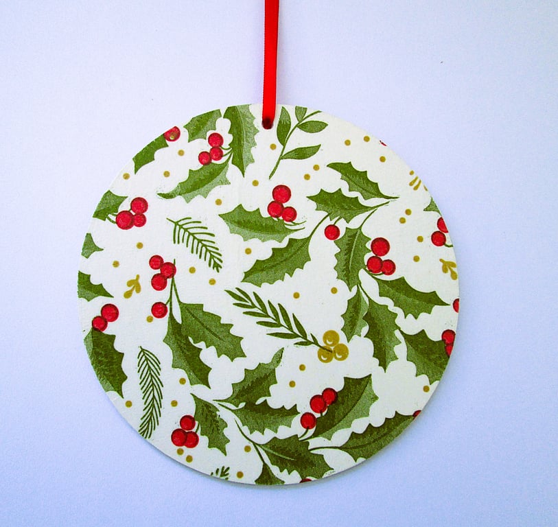 Christmas holly and berries wood decoupage hanging decoration