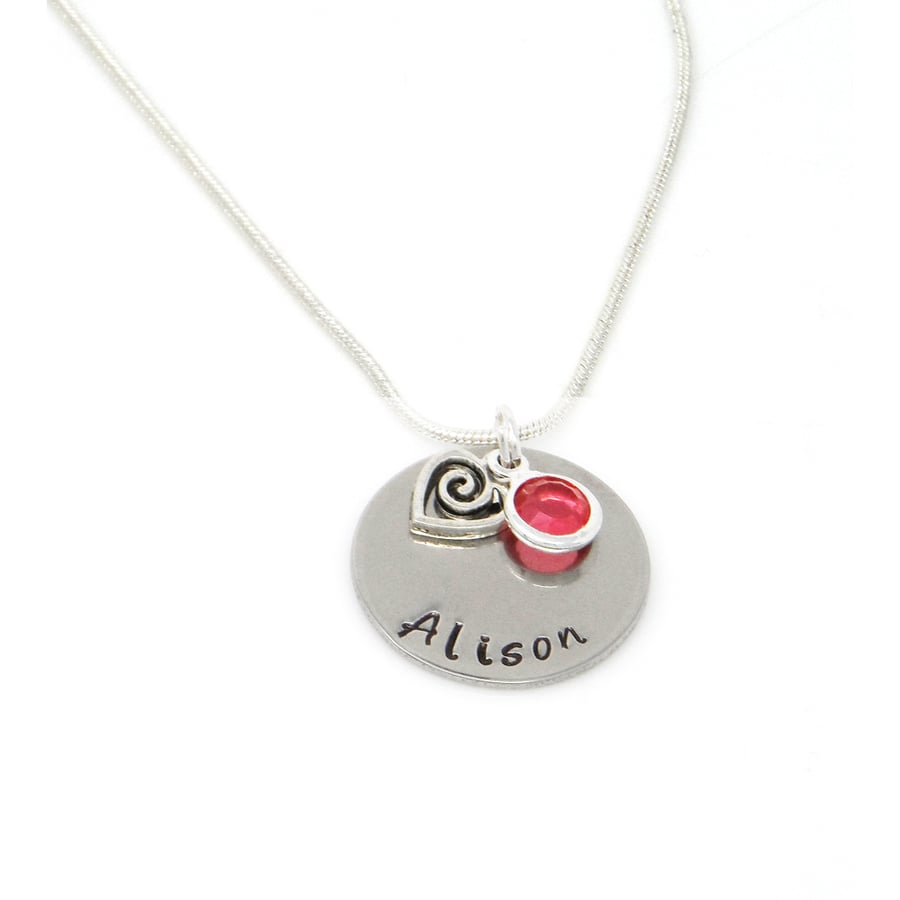 Personalised Necklace with Swirl Heart Charm and Birthstone  - Free Delivery