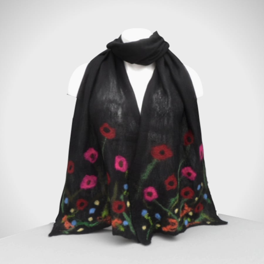 Black floral wool on silk nuno felted scarf, longer length